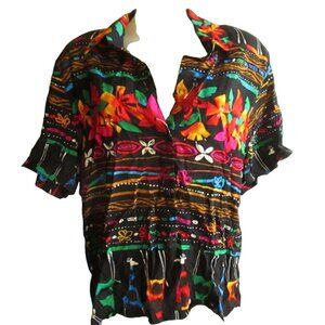 Large Vtg Peter Popovitch Petite Floral Black Button-Up Blouse Rayon Made In USA